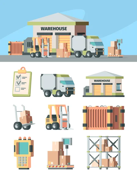 Conjunto de almacén y transporte logístico. Bastidores de escáner de carga básculas industriales con cajas carretilla elevadora carretilla con cajas entrega lista de direcciones de entrega de camiones. Paquete vector. — Vector de stock