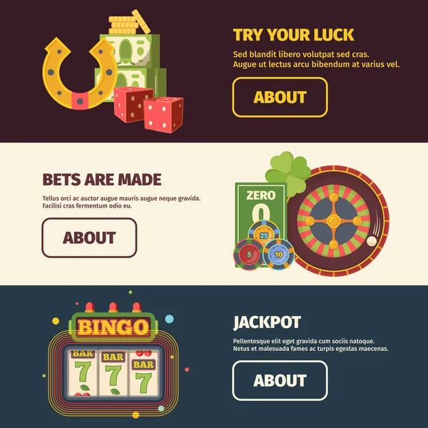 Gambling horizontal banners. Test your luck in game of dice chance roulette and poker rare jackpot in three seven slot machine luxurious club for relaxation entertainment. Vector fortune. — Stock Vector