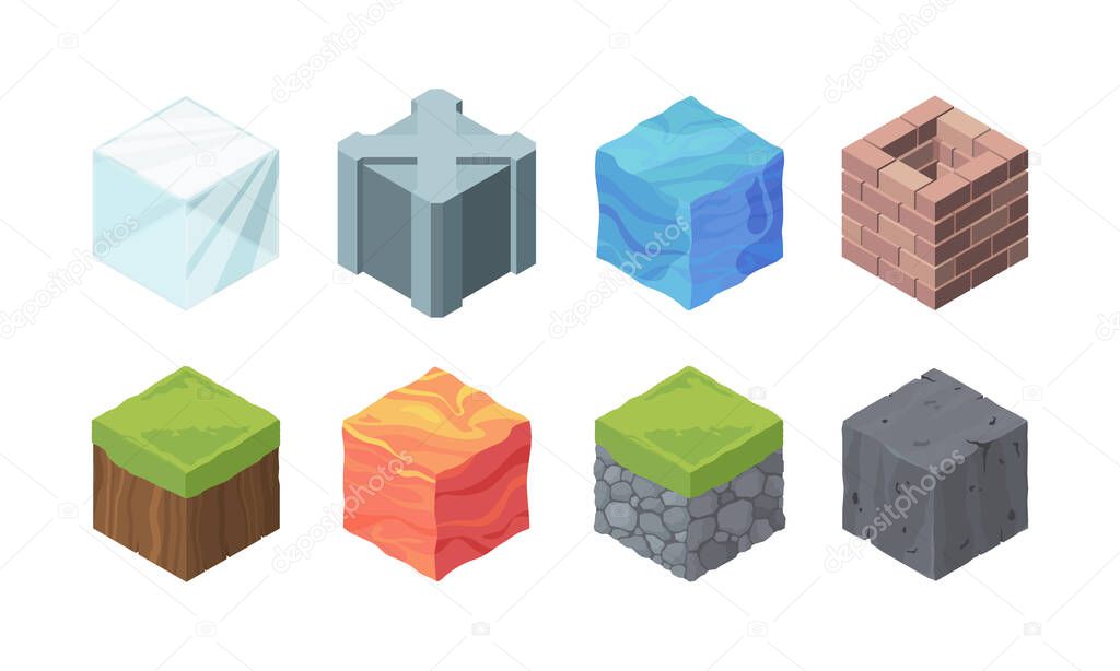 Isometric landscape cubes set. Play formations made of ice and metal grassy landscape with rocky soil lava water relief model made of bricks 3D geological block made clay. Vector game cartoon.