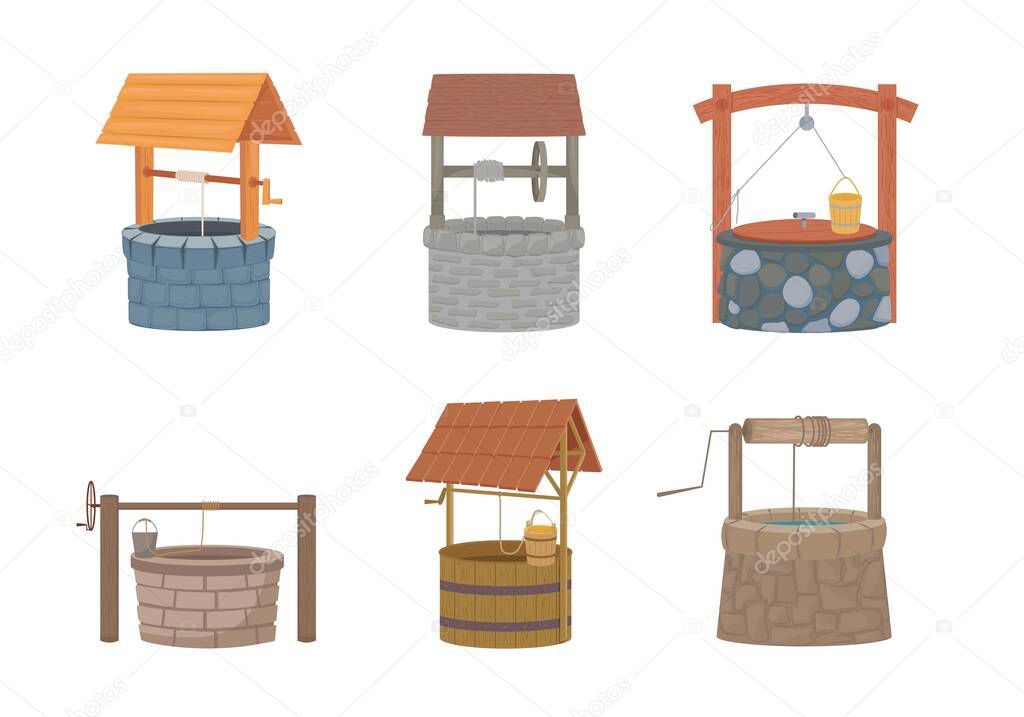 Water well set. Rustic stone and wood design with bucket and protective cover old traditional drinking water lift must have in city and village since ancient times. Cartoon vector.