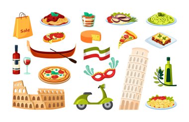 İtalyan kültür seti. Pisa antik Roma kolezyum gondolunun eğilmiş kulesi üzerinde kürek margarita pizza risotto zeytin scooter ve ulusal şarap ve alışveriş çantası. Çizgi film vektörü.
