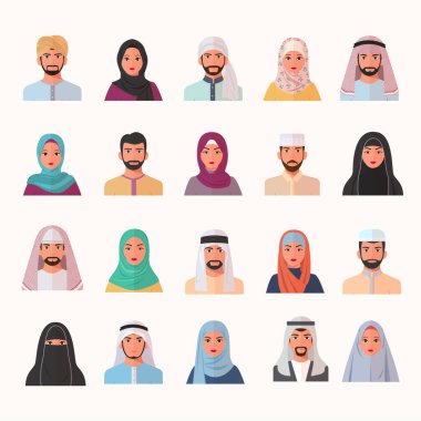 Doğulu Müslüman karakterler ayarlandı. Çarşaf ve çarşaf giymiş kadınların gülümseyen Arap yüzleri geleneksel İslami profilleri, koyu renk bıyıkları ve sakalları vardır. Profil çizgi film vektörü.