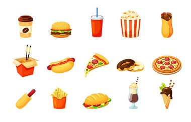 Fast food beslenme seti. Çubuklu Çin makarnası, patlamış mısır pepperonili pizza, salamlı çıtır patates kızartması ve taze pişmiş sosisli, çikolatalı, jöleli, dondurmalı kahve. Vektör rengi.