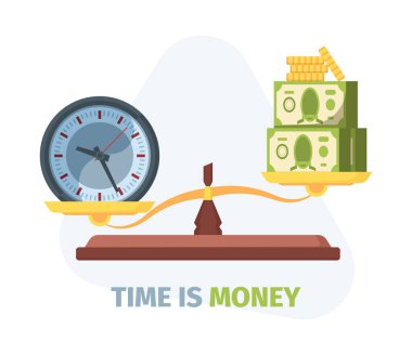 Zaman ve para kavramını dengeler. Karşılaştırma ve dağıtım çalışma saatlerinin simgesi yönetim ve gelir ekonomisi yatırımları iş için çalışan finansmanları böldü. Clipart vektörü.
