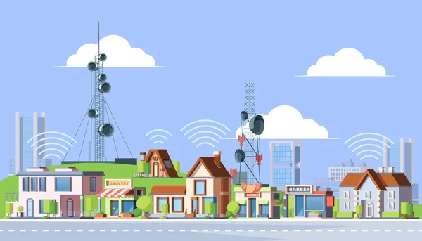 Torres celulares en ilustración de la ciudad. Las torres de comunicación junto a los edificios residenciales distribuyen Internet y telefonía alrededor de grandes transmisores de señal en las antenas de células digitales. Vector global. — Vector de stock