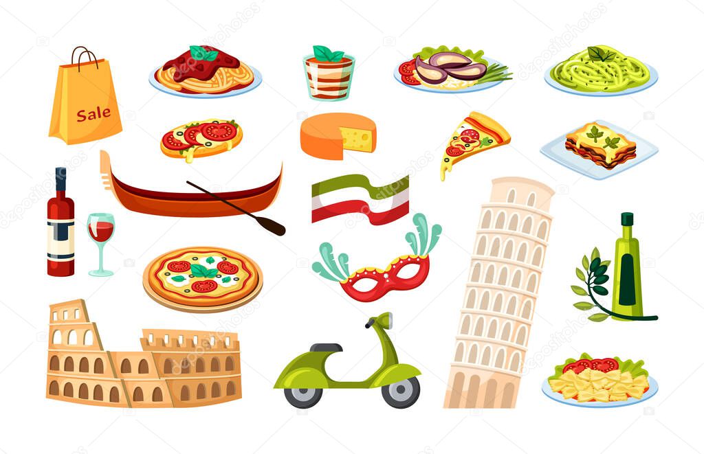 Italian culture set. Leaning tower of Pisa ancient roman coliseum gondola with paddle margarita pizza risotto olive scooter and national flagged wine and shopping bag. Travel cartoon vector.