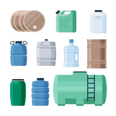 Plastik ve demir kaplar sıvı halde. Benzin deposu için üretim varilleri. İçinde saydam mavi yoğun şişeler bulunan yeşil teneke kutular. Büyük miktarlarda içme suyu. Vektör düz biçimi.