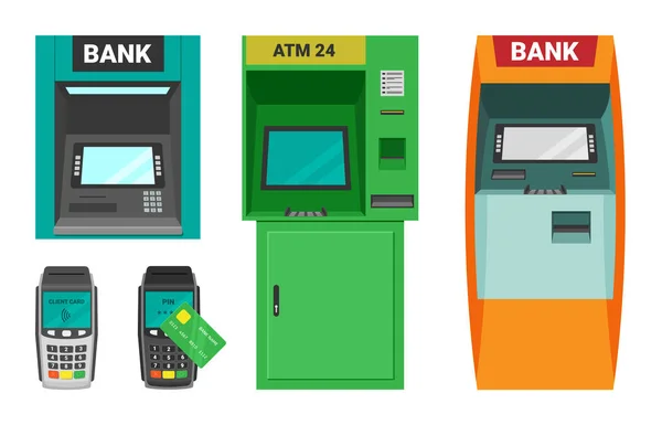 ATM ve para terminali seti. Nakit işlem kartı ödemelerini kabul etmek için bir cihaz mağazalarda ve süpermarketlerde elektronik kredi finansmanı web ödemeleri. Ticari vektör. — Stok Vektör