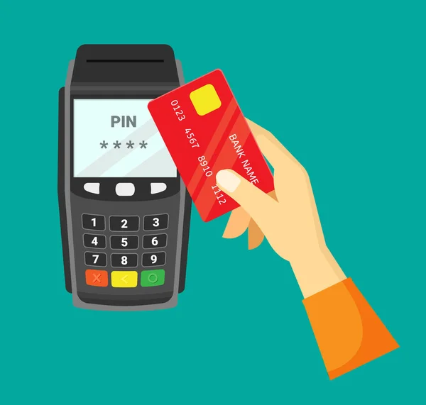 Betaling via kassa illustratie. Hand met rode creditcard voert opname uit rekening handige draagbare terminal snelle online geld afwikkeling transacties deposito 's. Commerciële vector. — Stockvector