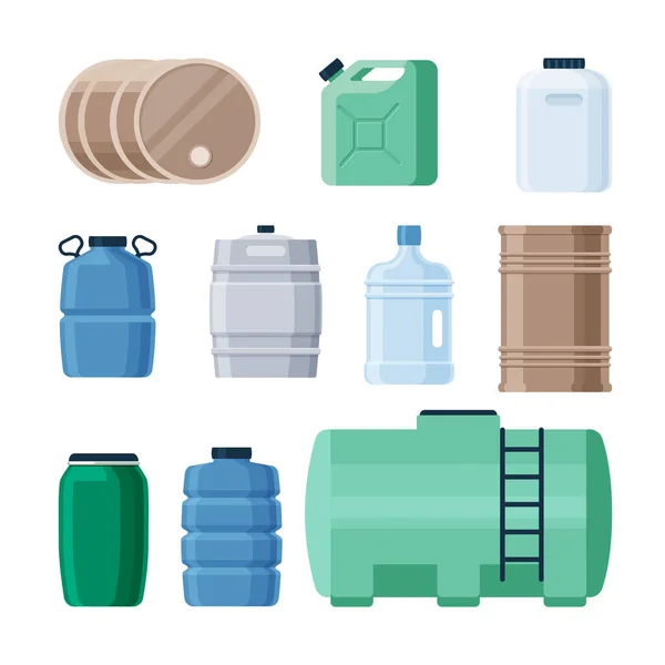 プラスチックと鉄の容器の液体セット。ガソリン油緑のキャニスターを保存するための生産バレル化学物質透明青高密度ボトル飲料水の大容量。ベクトル平面. — ストックベクタ