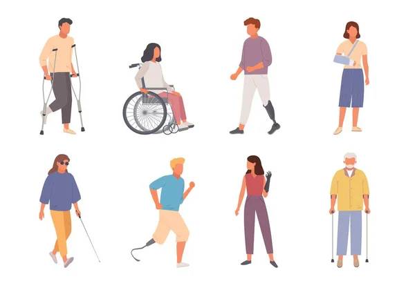장애가 있는 사람들. 다리에 부상을 입은 여자와 휠체어를 타고 있는 남자가 안경을 끼고 걷고 있는 맹인 여성을 위해 의족을 달고 있습니다. 건강 만화 벡터. — 스톡 벡터