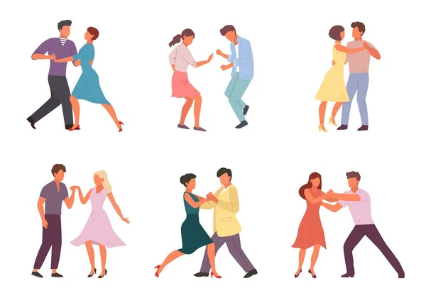 Mensen dansen in paren. Stijlvolle mannelijke en vrouwelijke personages voeren brandende tango man meisje in ritme van salsa vrouw met man cirkel van gepassioneerde cubaanse rumba. Cartoon vector kunst. — Stockvector