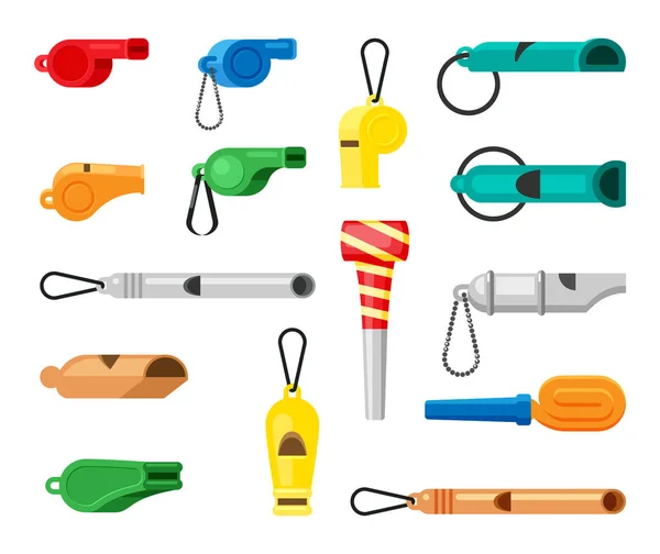 Colored whistles set. Green warning tools soccer referee signal red tool attention for sporting events yellow police safety protection loud orange exercise signal. Vector art blowing. — Stock Vector