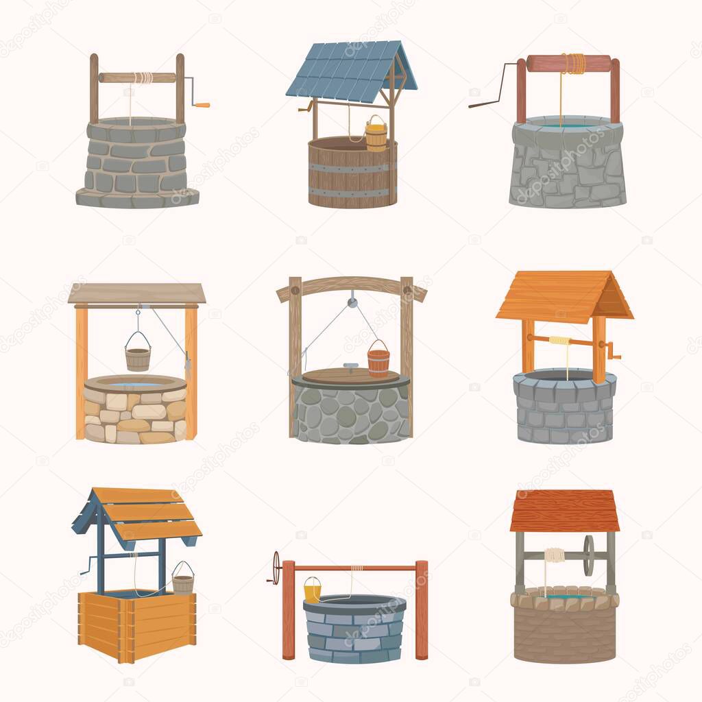 Water wells retro set. Antique stone wells faced marble coolness rustic wooden wells bucket on rope medieval with solid roof iron axle artificial deep well with source. Cartoon old vector.