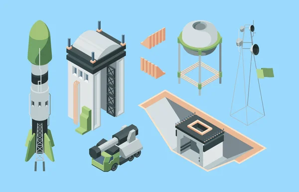 Cosmodrome equipment isometric set. Cargo rocket on stocks huge launch hangar made concrete underground bunker for flight managers heavy tractor transporting space shuttle. Vector isometric. — Stock Vector