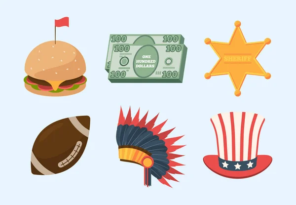 Spojené státy americké kultura set. Šťavnatý burger s červenou vlajkou balíčky100 dolarů bankovky zlatý šerif hvězda rugby míč indické peří čelenka pruhované cylindr hvězdy zábava volný cestovní ruch. Kreslený vektor — Stockový vektor
