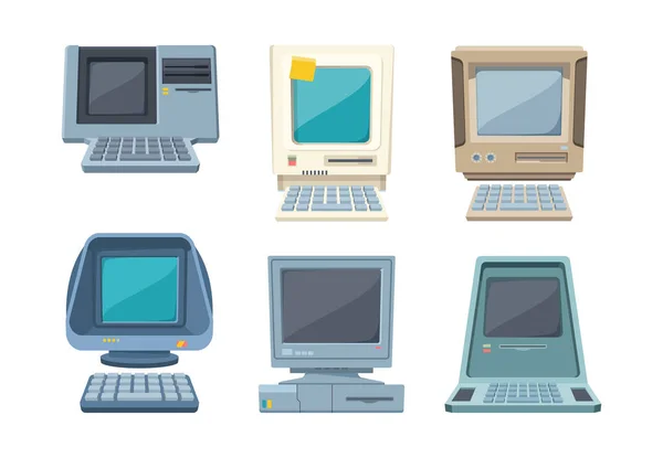 Retro bilgisayarlar hazır. Eski elektronik PC çeşitli şekiller, disketlerden alınmış klasik dijital teknolojilerle orijinal tasarımı olan bilgi aygıtlarının düzenini oluşturur. Düz vektör. — Stok Vektör