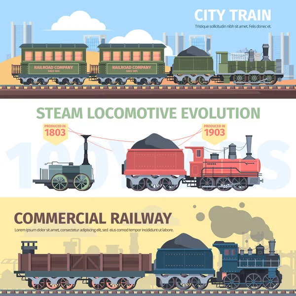 Dampflokomotivindustrie Entwicklung horizontales Banner. Fortschritt von den ersten primitiven Dampfgeräten zu leistungsstarken Passagierfahrzeugen Bau von Eisenbahnen, die Reisen um die Welt ermöglichen. Vektorindustrie. — Stockvektor