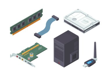Kişisel bilgisayar izometrik setinin bir parçası. Bağlantı hard diski ve Wi-Fi yönlendirici koruyucu sistem elektronik yazılım donanımı için modern yeşil ses kartı RAM adaptör kablosu. Vektör Ağı.