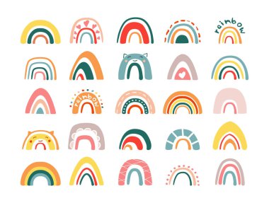 Çocuklar gökkuşağı soyut geniş seti. Yaratıcı karalama dokuları elle çizilmiş yarım renkli yüzükler minimalist İskandinav tarzı renkli çizgiler kediler için kalp şeklinde. Çizgi film vektörü.