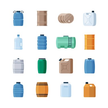 Çeşitli sıvı konteynırlar. Şarap üretimi için ahşap variller benzin depolamak için demir fıçılar yeşil teneke kutu mavi yoğun plastik şişeler büyük miktarlarda içme suyu. Vektör biçimi.