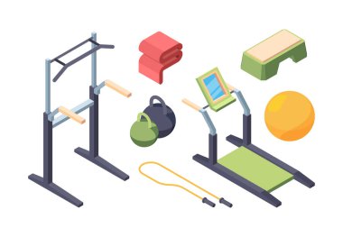 Fitness egzersiz ekipmanları izometrik set. Çıngıraklı çubuklu İsveç duvarı modern koşu bandı monitörleri ağır el ağırlıkları aerobik topu ve atlama halatı yeşil desteği. Vektör izometrik spor.