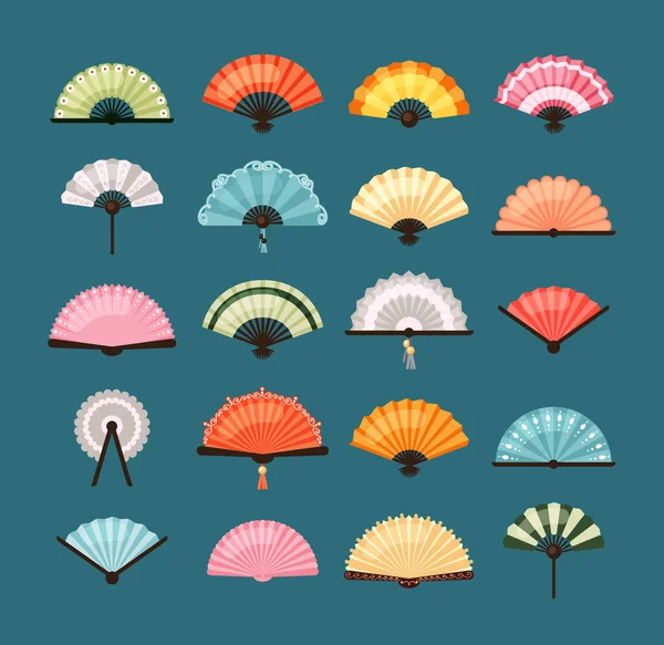 Eventails traditionnels. Décoration orientale motifs asiatiques colorés avec ornements picturaux rouge orange japonais accessoires bleu vert chinois élégant bambou richement décoré. Vintage vecteur de dessin animé. — Image vectorielle