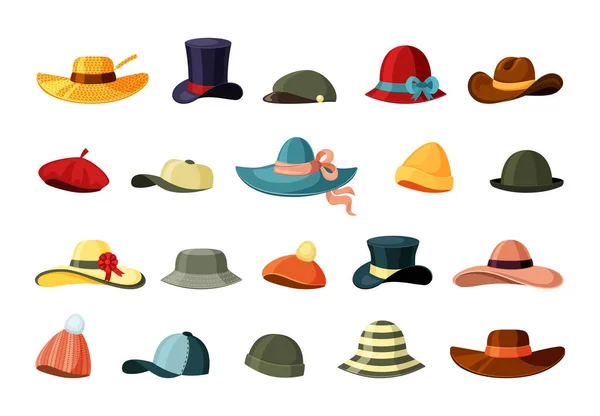 Hoeden en kleurkappen ingesteld. Retro bruine trilby trendy groene honkbal traditionele vilten bowler cap elegante paarse bovenste hoed voelde slouchy met gekrulde rand cloche homburg brede lint panama. Cartoon vector. — Stockvector