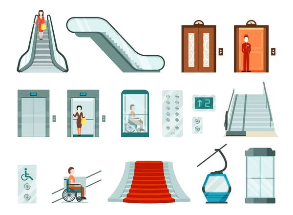 Elevators and lifts set. Wheelchair lifts electric cable car modern stair lifts used in metro shopping malls high airport stairs moving steps special stylish glass metal design. Vector move clipart. — Stock Vector