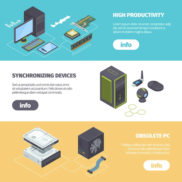 Počítačové komponenty a izometrický vodorovný prapor. Výkonný procesor RAM zrychlit pc webkamera wifi synchronizace se základní deskou maximální produktivity žádné on-line mechanické problémy. Vektorový plakát. — Stockový vektor