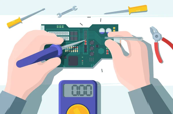 Illustration de réparation de carte d'ordinateur. Soudage connexions processeur garantie réparation maintenance dans le centre de service ingénierie professionnelle restauration éléments PC endommagés. Technologie à plat vectoriel. — Image vectorielle