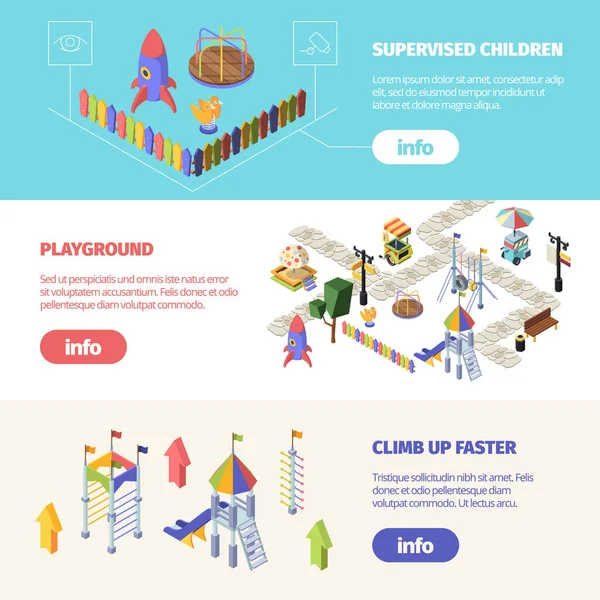 Děti atrakce hřiště izometrické horizontální prapor. Veselé outdoorové aktivity děti se vzrušujícími barevnými pantoflemi pískoviště s pohádkovými postavičkami překážkové dráhy. Šablona vektoru. — Stockový vektor
