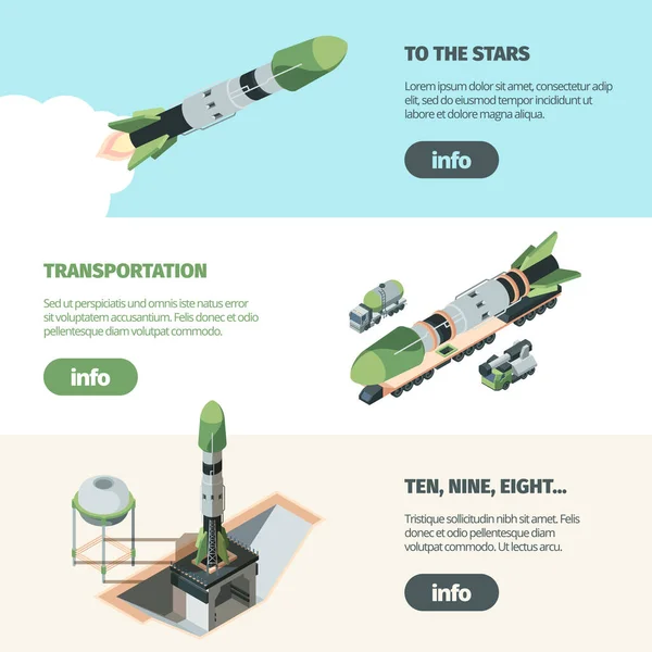 Raketlancering kosmodrome horizontale isometrische banner. De voorbereiding van shuttle testvliegsystemen noodzakelijke levering brandstof en reserveonderdelen veroveren wetenschappelijke exploratieruimte. Vectorsjabloon. — Stockvector