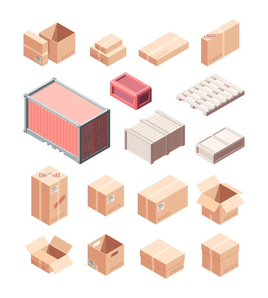 Containers en dozen isometrische set. Kartonnen en houten dozen verpakking transport levering industriële grote containers voor zeeschepen apparatuur voor particuliere commerciële industrieën. Isometrische vector. — Stockvector