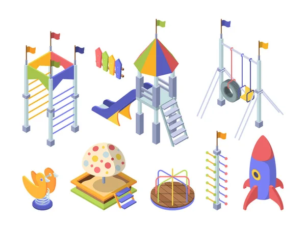 Rides playground color isometric set. Toy rocket obstacle course for kids slippers with wooden steps rainbow roof large sandbox with plastic cartoon mushroom mechanical carousel. Vector isometry. — Stock Vector