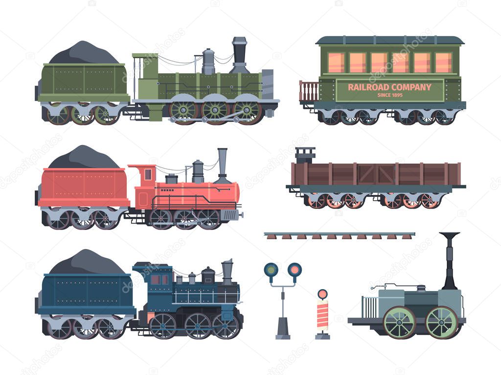 Old steam locomotives set. Comfortable green cars semaphores retro powered trains coal trailers classic rail travel with smoke artistic color designs convenient transportation. Art vector.
