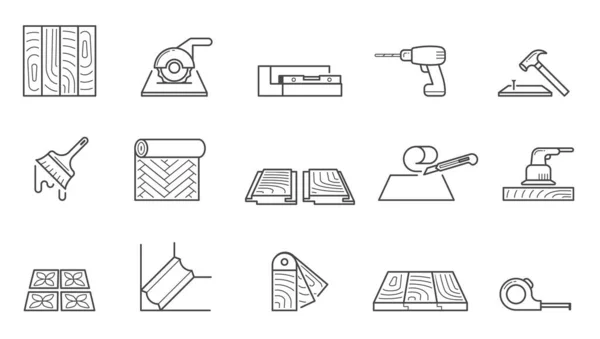 Huis reparatie pictogrammen ingesteld. Behang en installatie laminaat vloeren polijsten houten vloeren leggen tegels zagen grootte en leggen plinten plinten spijkeren planken en valse plafonds. Vectorpictogram. — Stockvector