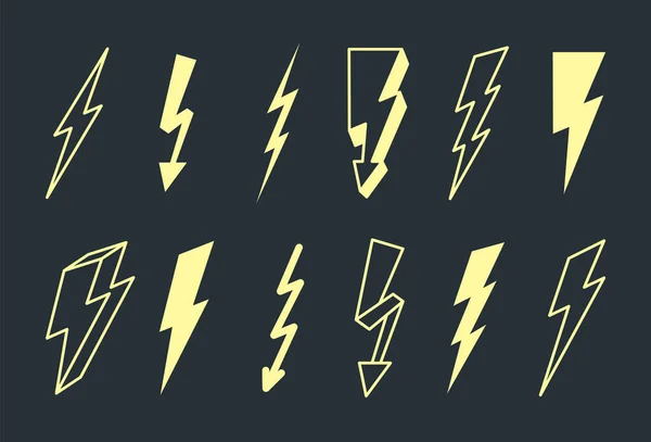 Electric lightning set. Powerful yellow flashes in dark thunderstorm with dangerous charges graphic high voltage warning with risk life stylish electronic logos zigzag signs. Shiny vector. — Stock Vector