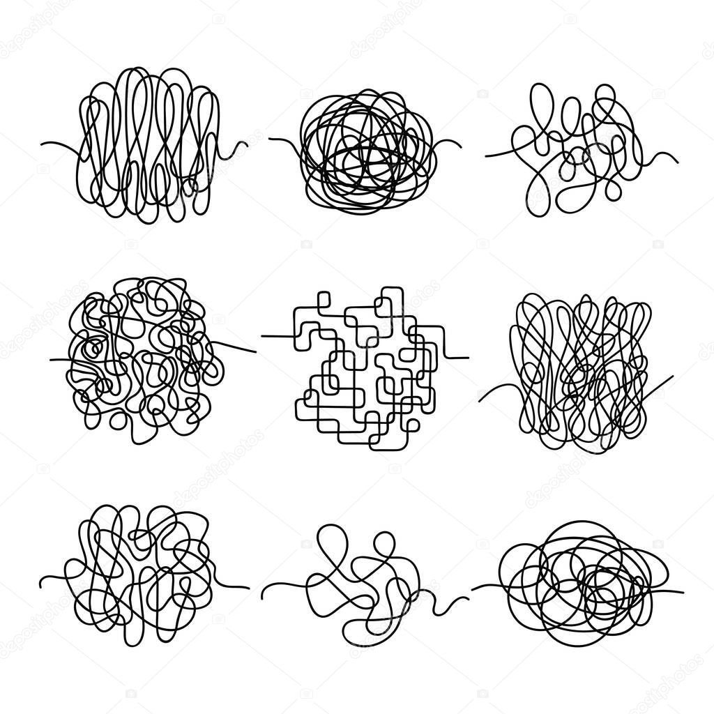 Hand drawn matted threads set. Messy chaos of lines and scribbles sketches of intricate textures with complex creative jumble tangled maze curves confusion art design. Vector clipart