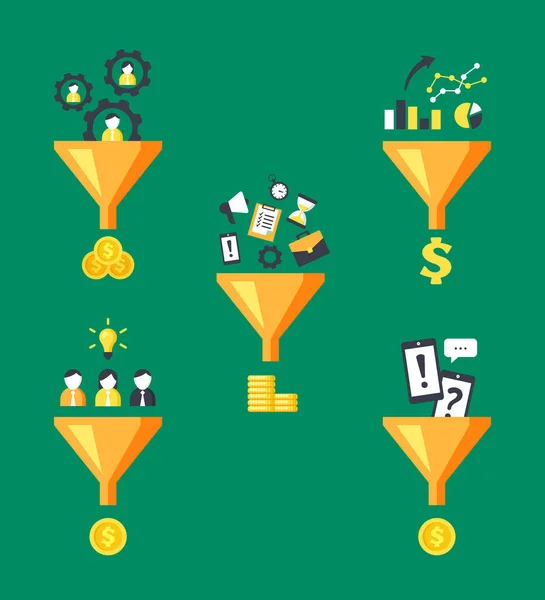 Conjunto de convertidores de embudos de dinero. Optimización de marketing convirtiendo el trabajo humano y el tiempo en inversiones financieras estrategia de ganancias y generación de análisis conciencia empresarial. Clipart vector. — Archivo Imágenes Vectoriales