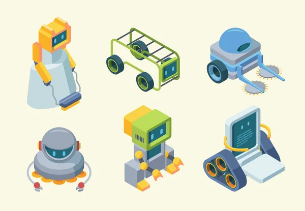 Robots assistants isometric set. Futuristic devices with artificial intelligence for high quality cleaning house and garden android communication and support automatic loader. Scientific vector. — Stock Vector