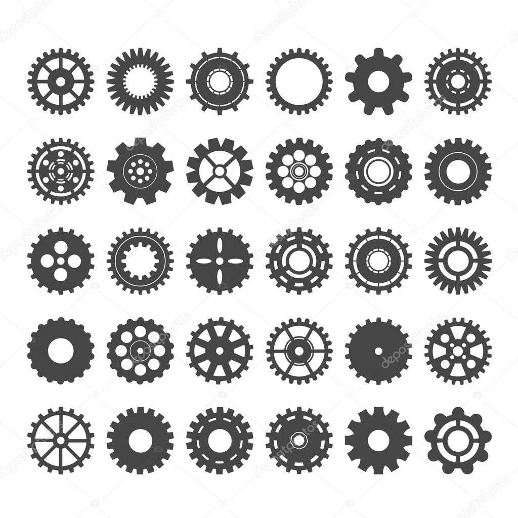 Cogwheels varieties set. Gear industrial components for mechanisms round with numerous teeth and spacers hole tracery and graphic engineering for powerful metal transmissions. Vector icons.