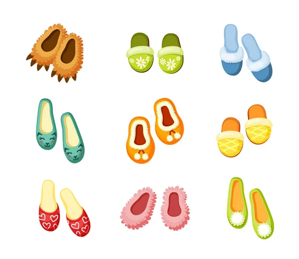 Indoor slippers set. Comfortable green with drawing chamomile convenient pink fluffy creative in form bear paws warm brown pompoms textile hotel shoes with red hearts. Soft cartoon vector. — Stock Vector