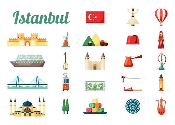 Isztambuli pulykakultúra készlet. Középkori erőd nemzeti zászló félhold csillag ősi nagy mecset tánc dervis keleti édességek különböző fűszerek piros vízipipa. Rajzfilm-vektor. — Stock Vector
