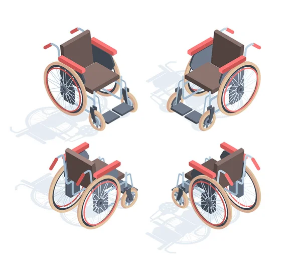 Ізометричний вигляд інвалідного візка. Медичне спеціальне обладнання - люди з обмеженими можливостями - зручні ортопедичні сидіння та пристрій для фізичної реабілітації - необхідні засоби транспортування. Векторна довідка . — стоковий вектор