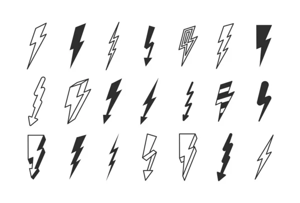 Blikseminslag ingesteld. Flitsen krachtig in donker onweer met gevaarlijke donderslag laadt grafische hoogspanning waarschuwing risico leven stijlvolle elektronische logo zigzag tekens. Vectorsilhouet. — Stockvector