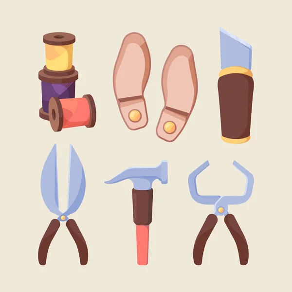 靴の修理用具セット。レザー色のボビンを切断するためのシャープなはさみは、爪を引く運転層のプロのハンマーとペンチを平準化するためのブランクソールナイフを縫製。技能ベクトル. — ストックベクタ