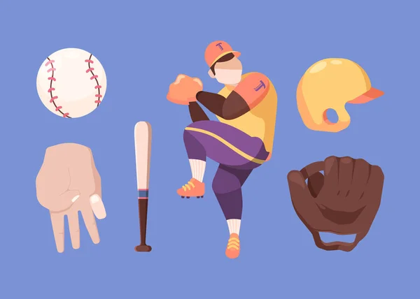 Honkbal set. Karakter in speciale professionele sport uniform bereidt voor gooien beschermende gele helm honkbalknuppel en bal bruine werper handschoenen voor het vangen. Vectorconcurrentie. — Stockvector