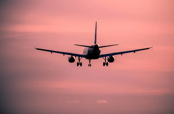 View Jet Passanger Airplane Landing Sunset — Stock Photo, Image