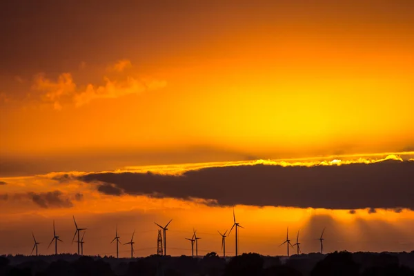 Silhouettes Des Éoliennes Coucher Soleil — Photo